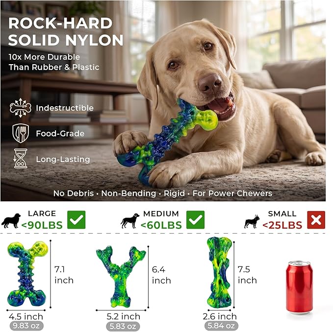 Kseroo Indestructible Dog Toys for Aggressive Chewers: 3-Pack Peanut Butter Flavored Hard Nylon Dog Chew Toys for Medium & Large Dogs(25-90lbs), Super Chewer Dog Bones Toys to Keep Them Busy, Green