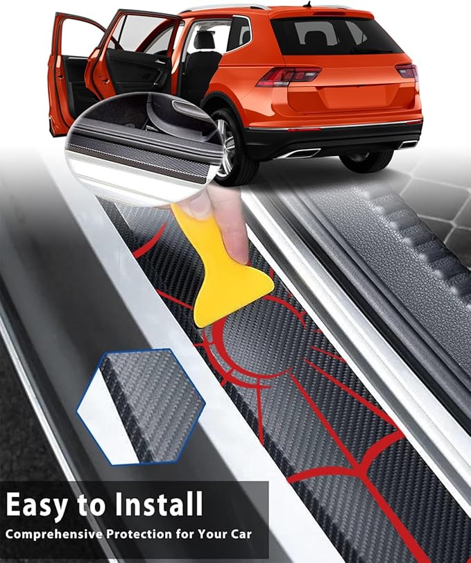 ZORAPULZE 4PCS Car Door Sill Protector Carbon Fiber Scratch Resistant Red Web Door Entry Guard Scuff Plate Film for Cars SUVs Off-Road, Universal Trim Accessories
