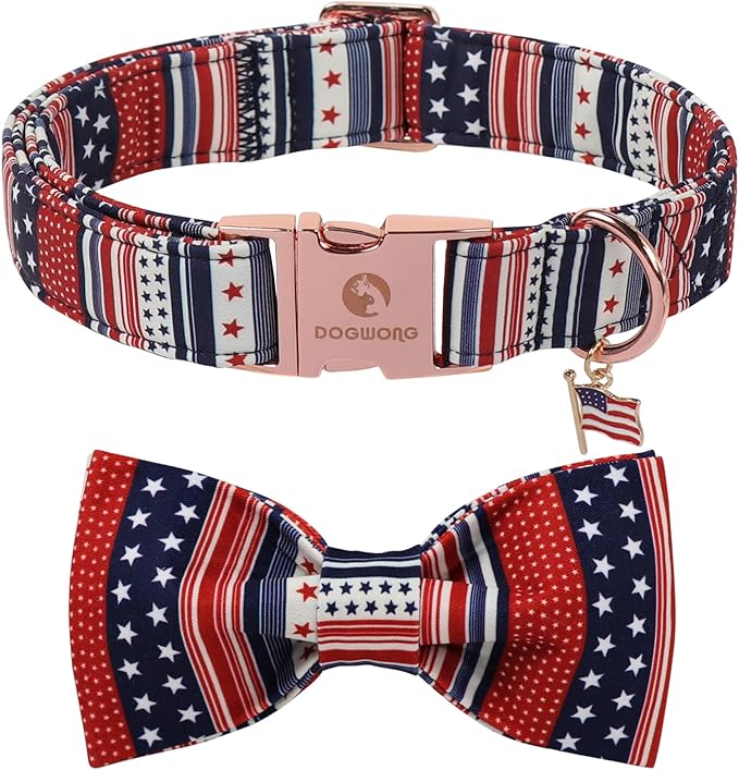 American Flag 4 of July Dog Bow Collar, Independence Day Adjustable Patriotic Dog Collar with Bowtie for Small Dogs,S