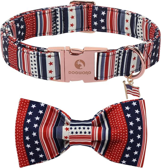 American Flag 4 of July Dog Bow Collar, Independence Day Adjustable Patriotic Dog Collar with Bowtie for Small Dogs,XS