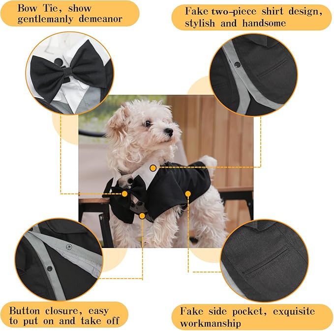 Dog Tuxedo Wedding Suit Shirt with Bow Tie, Formal Outfit Tux Attire for Puppy Small Medium Dogs Cats Costume (BW Suit, Large)