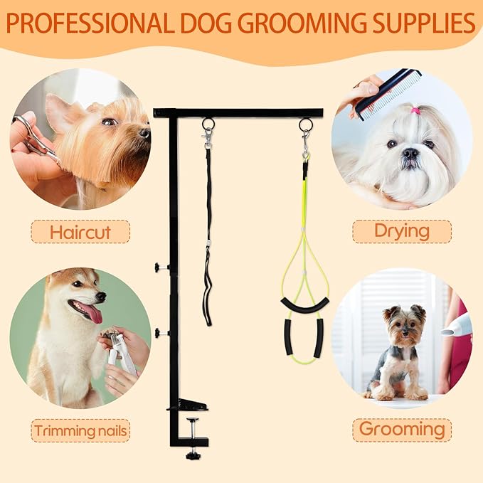 Foldable Dog Grooming Arm with Clamp - Adjustable Height 18"-35", Dog Grooming Table Arm with Hammock and No-Sit Holder, Grooming Restraint for Small Medium Dogs at Home or Salon