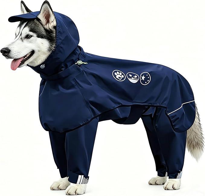 Dog Raincoat, Full-Body Hooded All-Weather Jacket, Waterproof and Windproof with Reflective Strips, Suitable for Large Dogs, M