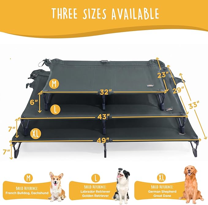 CANINE CANYON Upgraded Non-Slip Daisy Cot, Large Foldable Elevated Dog Bed, Portable Raised Outdoor Folding Dog Cot for Camping/Home, Chew Proof Waterproof Heavy Duty Up to 160 Lbs, Dark Gray, 43"x27"