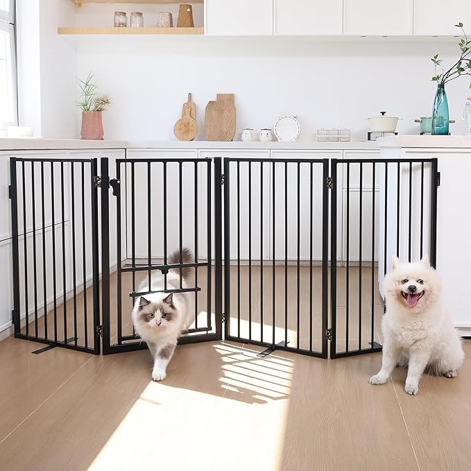 Full Metal Freestanding Dog Gate with Cat Door for Outdoor & Indoor,40" Extra Wide Foldable Pet Fence,30" Tall Free Standing Dog Gate for RV Camping,Stairs,Hallways,Doorways,Deck,Yard (2 Panels,Black)