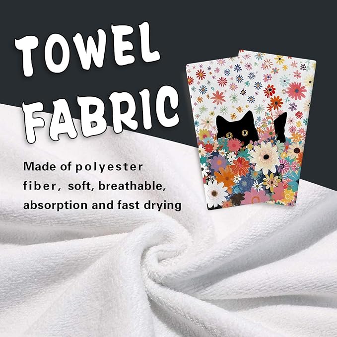Black Cat Floral Kitchen Dish Towels Set of 2, Spring Summer Colorful Flower Drying Hand Towel Baking Cooking Cloth, Wildflower Bathroom Home Decoration Pet Cat Owner Lover Gifts 18'' x 26''
