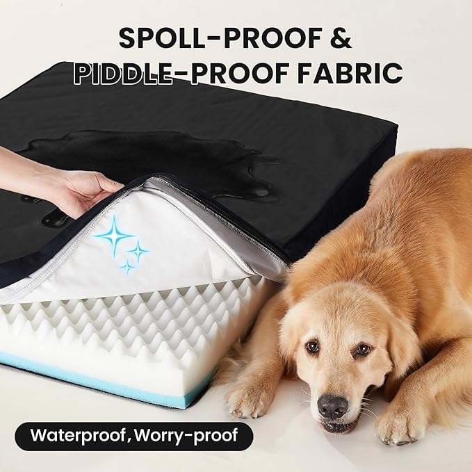 OhGeni Orthopedic Waterproof Dog Bed for Large Dogs, Machine-Washable Removable Cover in Easy-Clean Fabric, High Density Foam & Easy-Carry Handle, Suitable for Crate, 41 inch (Black)