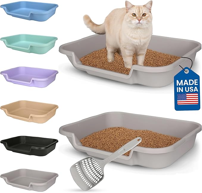 KittyGoHere Senior Cat Litter Box, Large Litter pan with Long-Handle Jumbo Scoop, Open Top Low Entrance Kitty Litter Box, Lightweight Low Entry Litters Box, Durable, Made in USA (2 Pack - Misty Gray)