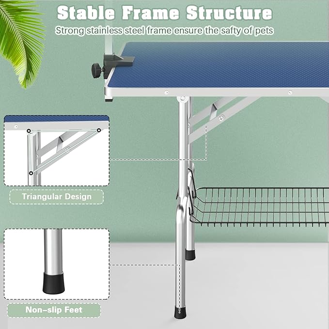 Dog Grooming Table, Adjustable Large Pet Drying Desktop, Foldable Bathing Desk with Arms, Noose, Mesh Tray, Maximum Capacity Up to 330Lb, 36in, Navy