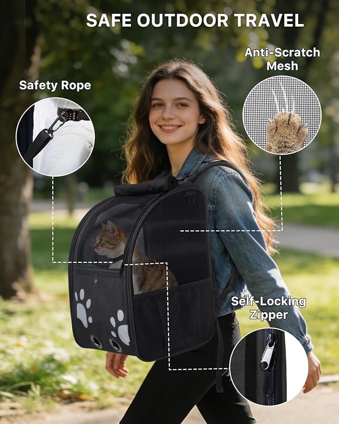 Cat Backpack Carrier with Comfort Handle, Ventilated Cat Backpack with Reflective Strips, with Chest and Shoulder Buckles, Foldable Cat Carrying Backpack for Kitty Small Dog up to 15lbs(Black).