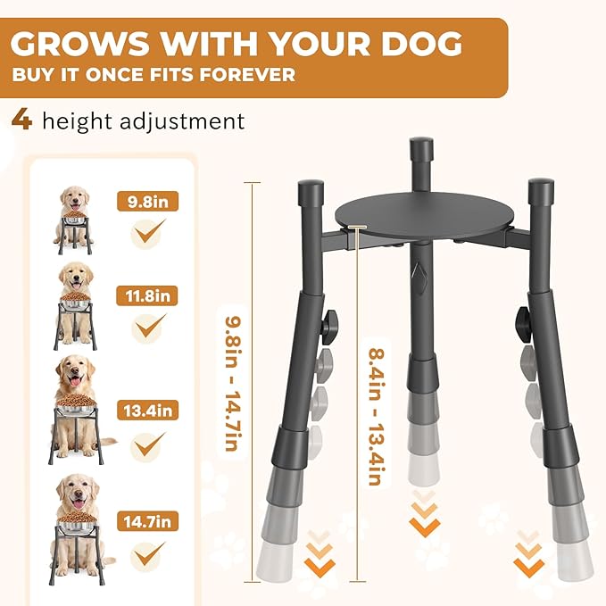 Oppro Extra-Stable Elevated Dog Bowl Stand for Large Medium Breeds, Adjustable Size 4 Heights Width 6-10in, Anti-Tip Metal Raised Food Feeder Water Dish Holder, Non-Slip Tall Single Lifted Riser