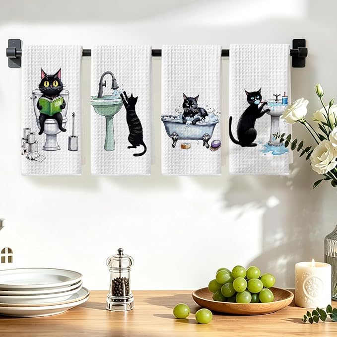 Hanamiya Na 4 Pcs Funny Cat Hand Towel for Bathroom 24x14 Inch, Funny Absorbent Microfiber Dish Cloth Towel, Waffle Weave Hand Towels for Toilet Home Cats Bathroom Decor, Cat Lover Gifts