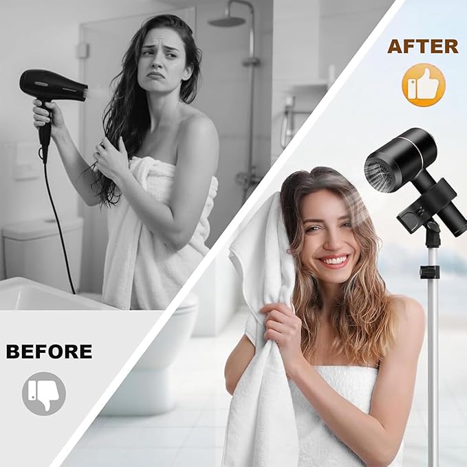 Shouken Adjustable Hands-Free Hair Dryer Stand Holder-59 inches,360 Degree Rotation,Blow Dryer Holder Countertop With Non-Slip Tripod and Universal Clip,Adjustable Height Countertop Blow Dryer Holder