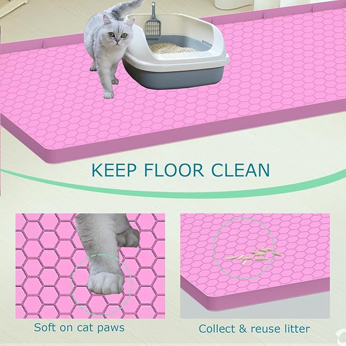 Cat Litter Mat, Silicone Large Cat Mat for Litter Box - 34x22 in, Waterproof & Non-Slip, Durable & Easy Clean, Pink