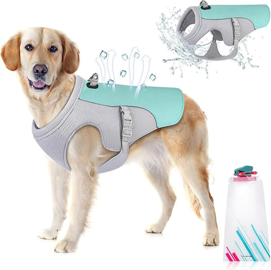Guzekier Dog Cooling Vest Harness Cooler Jacket with Portable Water Bottle, for Walking, Outdoor Camping and Hunting Training (XL, Blue, White)