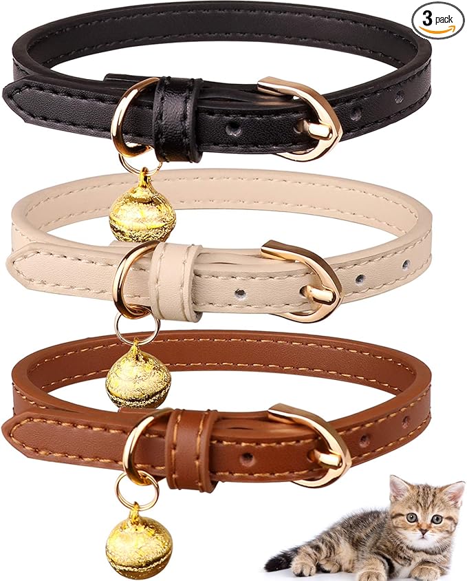 3 Pack Leather Cat Collars with Bells Soft Pet Safety Collar Kitten Collars with Bell Black Chocolate Beige(S)