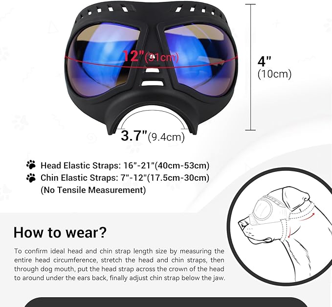 Large Dog Goggles Pet Eyes Protection for Medium to Large Breed, Windproof Snowproof UVproof Dog Sunglasses for Outdoor Hiking/Cycling/Driving, Soft Frame Adjustable Straps, Clear Blue Lens