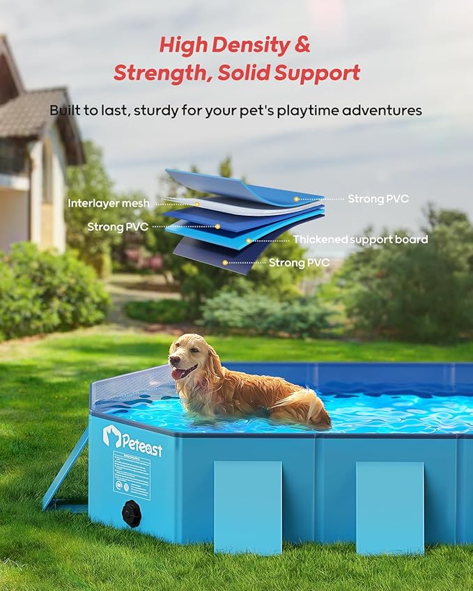 Peteast Foldable Dog Pool with Sturdy Square Design, Durable 82" Lx46 Wx12 D Extra Large Portable Pet Bathtub with Reinforced Sidewalls for Stability, Ideal for Indoor & Outdoor Use (Blue)