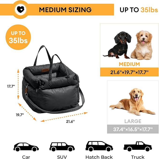 FUNNYFUZZY Luxury Dog Car Seat for Small Medium Dogs Under 35 lbs, Waterproof Leather Pet Booster Seat with Safety Leash & Anti-Slip Base, Fully Padded Dog Car Bed, Portable Puppy Carrier(Black)