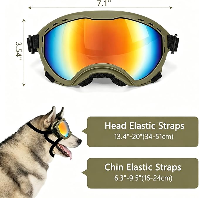 Dog Goggles for Medium to Large Breeds, UV Protection Dog Sunglasses with Colored PC Lens, Soft TPU Frame and Adjustable Straps, Windproof Dustproof Anti-Fog Pet Eyewear for Outdoor Activities (Green)