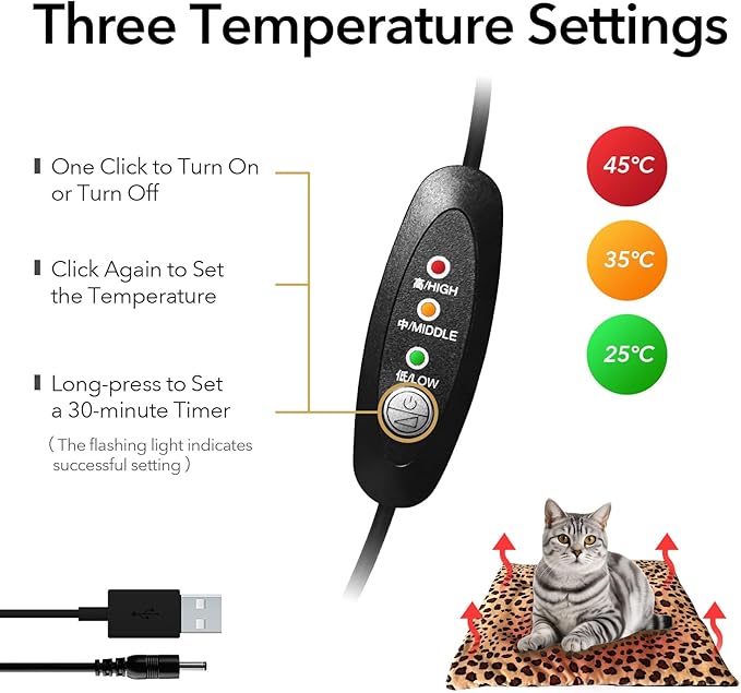 USB Heating Warmer Pad Bed for Cat, Small Dog and Pet, Safe 5V2A Power-Bank Battery Operated, 3-Temperature Settings, Washable, for Indoor and Outdoor Use. 15" x 19" x 0.6" (Leopard)