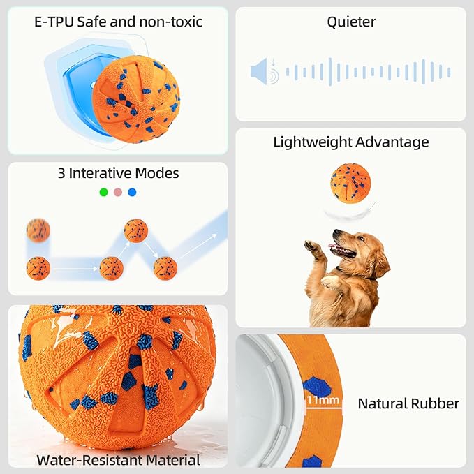 Interactive Dog Toys Ball, 3 Play Modes with Colorful Lights, Automatic Moving, Bouncing, E-TPU Material, Suitable for Large and Medium-Sized Dogs, Used for Boredom Relief and Daily Training