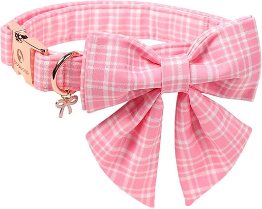 Pink Dog Collar for Girl Dogs, Spring Summer Pink Plaid Dog Collar with Bowtie- Adjustable Female Sailor Bow Puppy Collar for Small Dogs XS