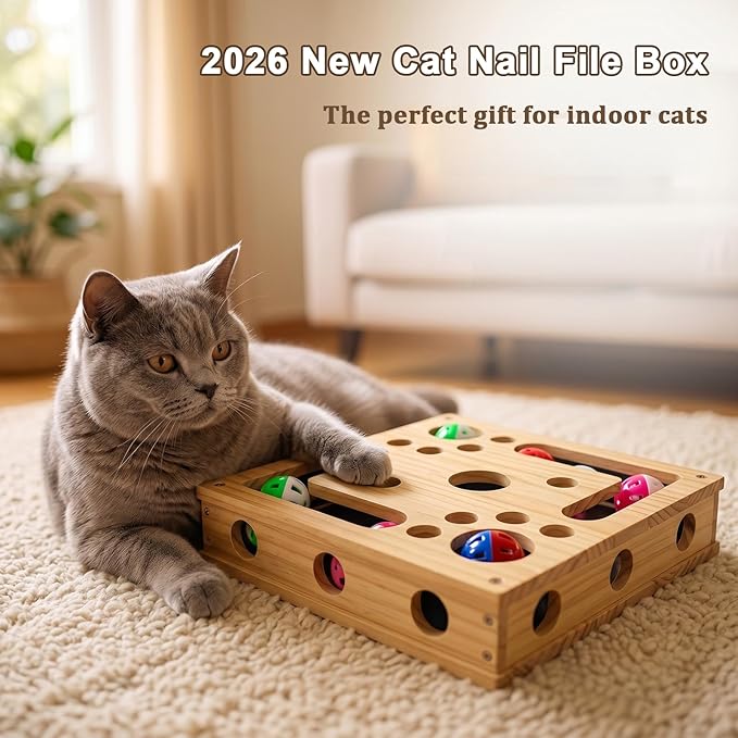 2026 New Cat Nail File Box, Cat Scratch Puzzle Enrichment Box with 1 Interactive Wand Toy & 3 Bell Balls, Cat Puzzle Feeder Scratch Puzzle Toy Gift for Indoor Cats, Trimming Nails