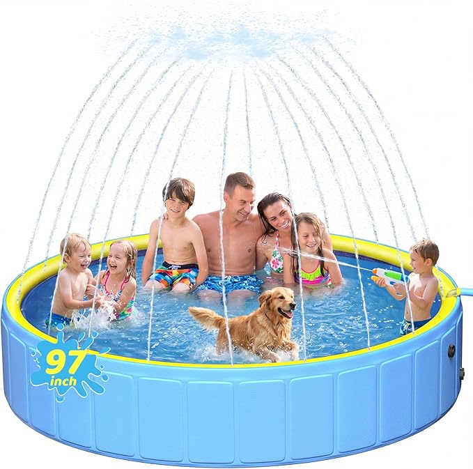 97In Extra Large Anti-Slip Dog Pool with Sprinkler, Sturdy 2-in-1 Foldable Hard Plastic Kiddie/Kids Swimming Pool, Summer Swimming Bath Tub for Kids/Large Dogs/Pets