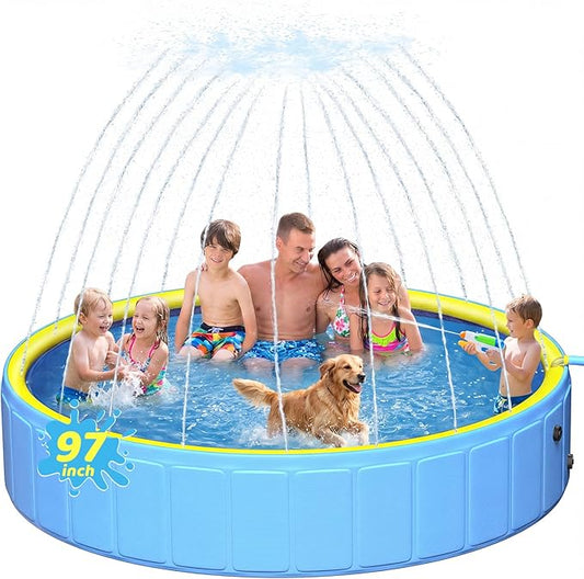 97In Extra Large Anti-Slip Dog Pool with Sprinkler, Sturdy 2-in-1 Foldable Hard Plastic Kiddie/Kids Swimming Pool, Summer Swimming Bath Tub for Kids/Large Dogs/Pets