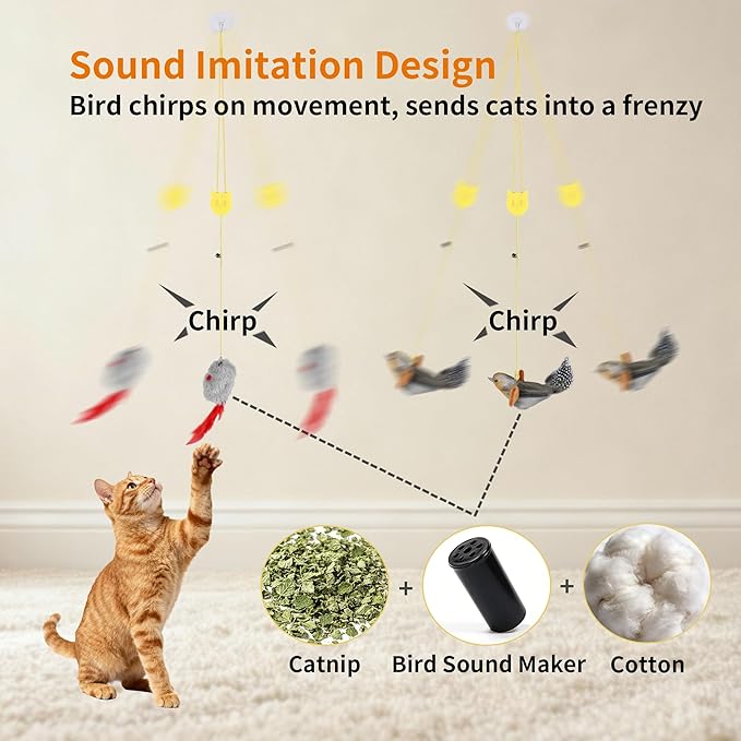 8 Pcs Hanging Cat Teaser Toys, Bird & Mouse Toys with Bird Chirp & Catnip, Bell Feather Toys, Drill-Free Wall Mount for Indoor Kittens and Adult Cats