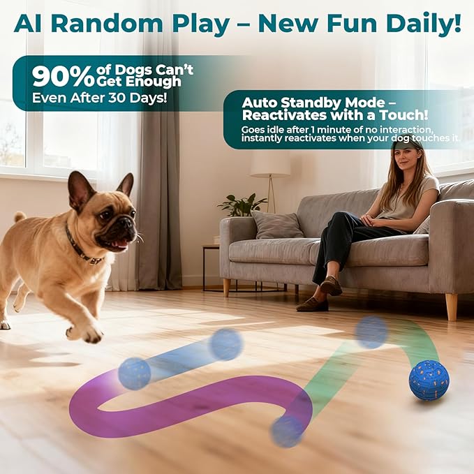 KITPLUS Smart Interactive Dog Ball Toys: Automatic Bouncing Rotating Moving, 3 Modes, Durable Material, Waterproof, Rechargeable Active Rolling Pet Toy for Medium Large Dogs Indoor Outdoor, Blue