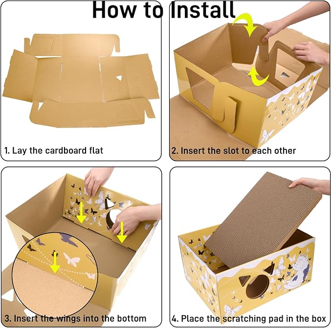 Tlence 2 Pack Cardboard Cat Scratcher Box, Butterfly Pattern Cat Hideaway House with Double-Sided Scratch Pads, 16.5 Inch Heavy Duty Large Cat Bed Lounger for Indoor Cats