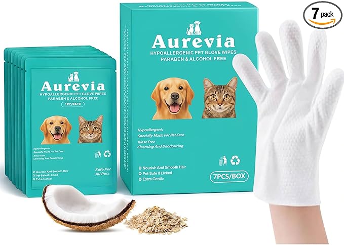 Hypoallergenic Pet Glove Wipes for Dogs & Cats - 7 Individually Wrapped Disposable No-Rinse Grooming Mitts | Lick-Safe Waterless Cleaning Gloves for Paws, Butt, Face & Fur | Deodorizing & Soft