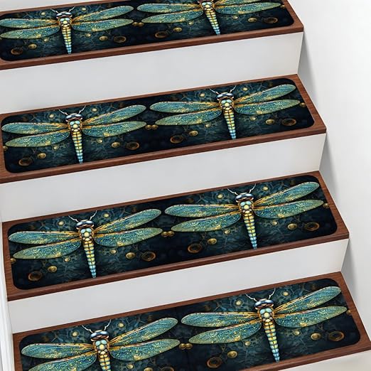 Animal Ethnic Dragonfly Stair Treads for Wooden Steps Indoor Washable Staircase Carpet 10PCS 30"x7.8" Stair Step Treads Non-Slip Staircase Covers Peel and Stick Safety Mat for Kids Elders Pets