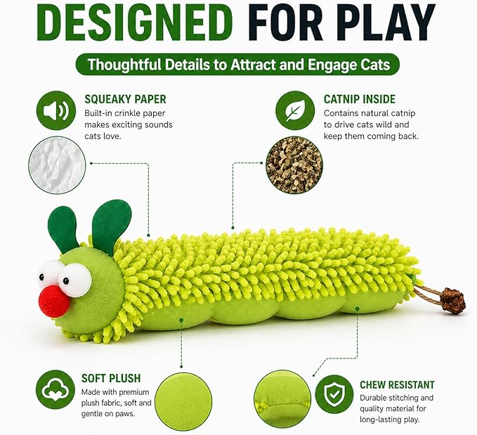 CaterpillarCat Toy for Indoor Cats, Plush Caterpillar Cat Toy for Kicking and Biting, Interactive Kitten Toy, Soft Chew & Kick Toy for Cats Boredom Relief