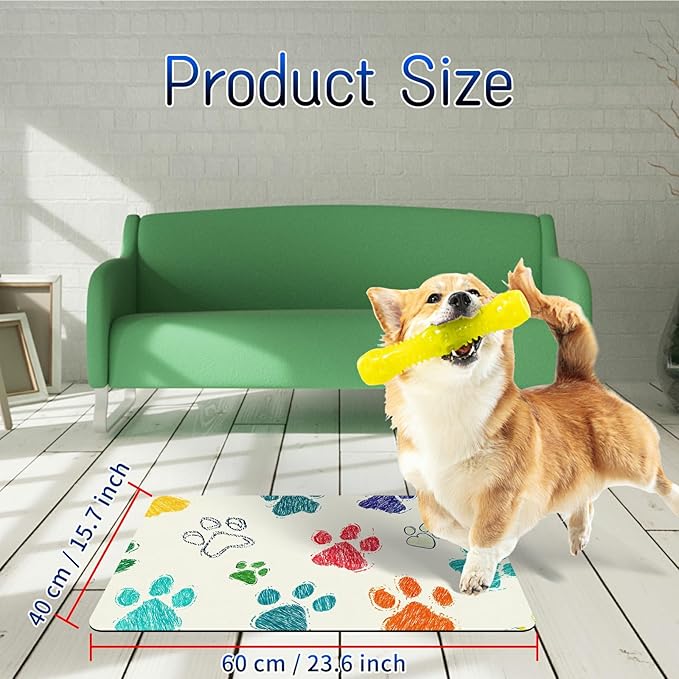 Dog Food Mat, 15.7" x 23.6" Absorbent Pet Feeding Mat for Food and Water, Waterproof Diatom Mud Pet Placemat with Non-Slip Rubber Backing, Cat Bowl Mat for Floors - Dog Paw Print Freen