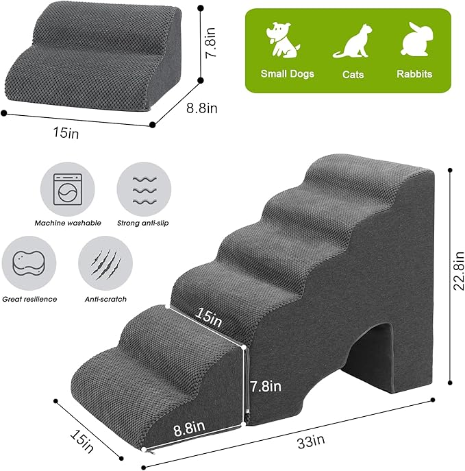 Dog Stairs for High Beds Up to 25", Gentle Slope Pet Dog Steps for Small Dogs, Non-Slip Sturdy Doggie Ramp Steps for Elder Dogs/Cats to get on Bed/Couches, Grey