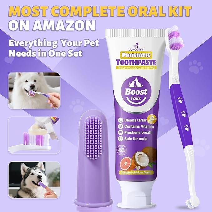 Premium Dog Oral Care Kit - Natural Coconut Chicken Flavored Toothpaste,Dual Head Toothbrush and Finger Toothbrush for Dogs,Plaque Prevention,Tartar Control.2.5oz(Pack of 1)