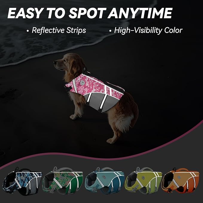 VIVAGLORY Sports Style Dog Life Vest, Dog Life Jacket for Swimming & Boating, Ripstop & Buoyancy for Puppy Doggy, Lifejacket with Handle, M, Camo Pink
