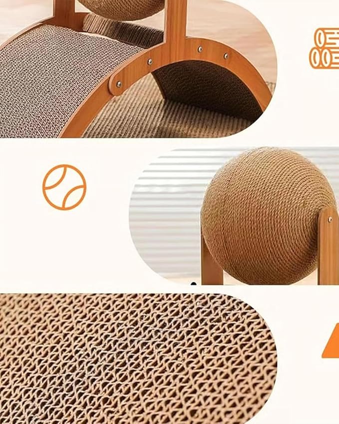 Wobble Ball Cat Scratcher, Cat Scratching Ball on Stand, 2-in-1 Interactive Cat Scratcher with 360° Rotating Sisal Ball & Arch Bridge, Solid Wood for Indoor Cat Kittens - Protects Furniture & Rugs (S)