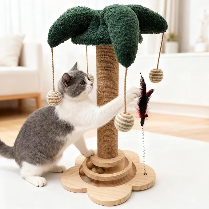Cat Scratching Post, Sisal Cat Scratcher Posts with Interactive Trackball Toys for Indoor Cats, 19.6" Tall Scratch Tree Tower for Kitten, Flower Base