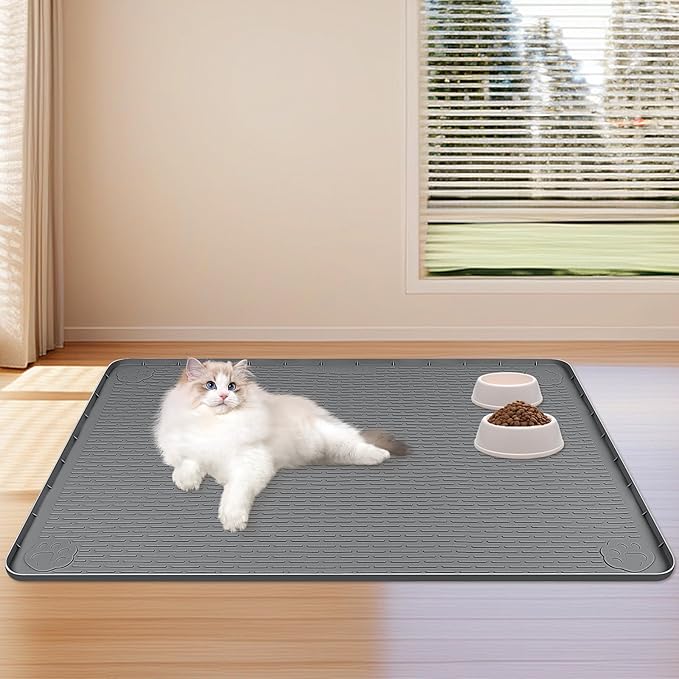 Dog Food Mat, Extra Large 40" x 40" Silicone Pet Feeding Mat with Raised Edge Pet Placemat for Small, Medium, and Large Pets Non-Slip, Easy to Clean (Dark Grey)