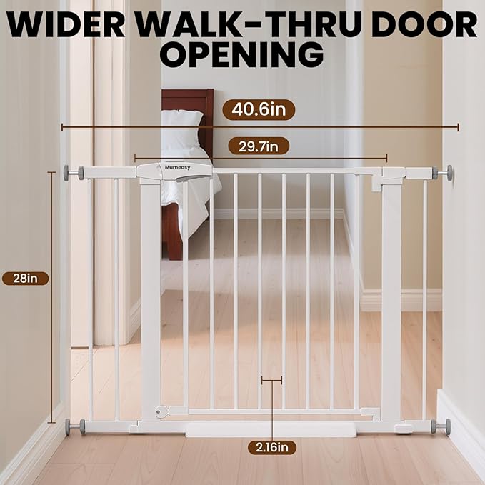 Baby Gate for Stairs, 29.7-40.6" Auto Close Dog Gate Indoor for Doorways, Dual-Lock Design, Adjustable Pet Gate No Drilling with Walk Thru Door for Hallways, Stroller Friendly, White