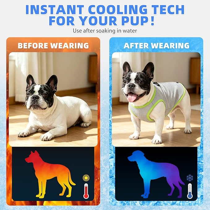 KOOLTAIL Dog Cooling Vest, Sun Protection Easy on off Cooling Pet Shirt Harness with Zipper & Leash Ring, Breathable Summer Quick Dry Clothes, Relief in Hot Weather for Small Medium Large Dogs, Grey S