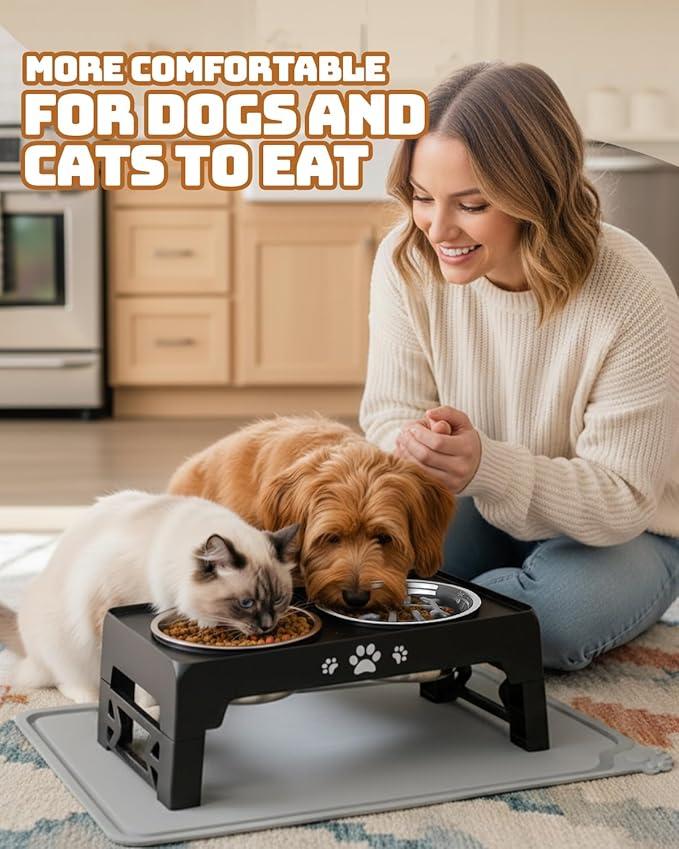 Jovrun Elevated Dog Bowls for Small Dogs and Cats with Mat, Non-Slip Cat Bowls with 1*Stainless Steel Dishes & 1*Slow Feeder Bowl, Dog Feeder 2 Heights Adjustable to 2.6"-5.3"