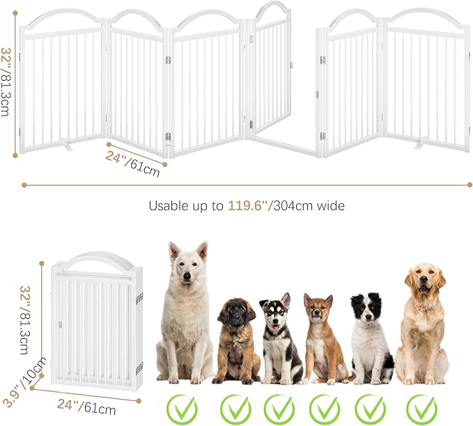 BHG Metal No-Assembly Freestanding Dog Gate with Door Walk Through, Extra Wide 144", Extra Tall 32" Pet Gate, Accordion Puppy Folding Playpen Dog Fence for Indoor & Outdoor, with 2PCS Support
