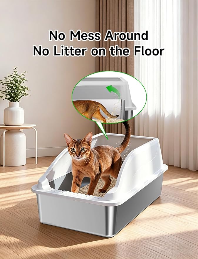 Stainless Steel Cat Litter Box, Extra Large XL Odor Free Metal Litter Box with High Sides Lid, Open Top Litter Pan Include Scoop Easy Cleaning Kitty Cat Box Anti-Urine Leakage, Non-Sticky
