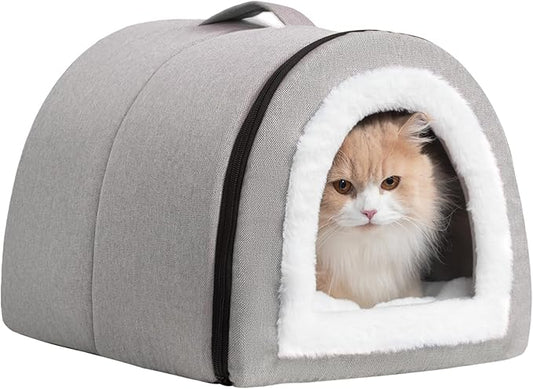 Hollypet Cat Bed Self-Warming 2 in 1 Foldable Kitty Cave Hut House Nest Pet Sleeping Bed, Linen Pet Condo for Indoor Cats, Gray Arched Cave