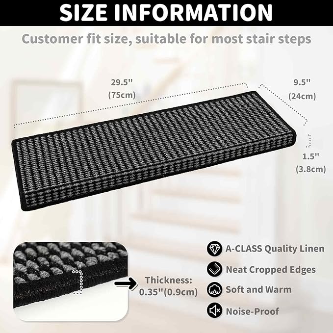 Brakki Bullnose Carpet Stair Treads, Non Slip Stair Treads for Wooden Steps Indoor, Stair Runner, Soft Stair Rugs for Pets, Edging Stair Protectors, Washable, 29.5"x9.5"x1.5" 2pcs, Black Grey
